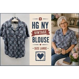 HG NY Womens Lg Vintage 90's Heart Print Button Front Shirt Blue Red Cotton